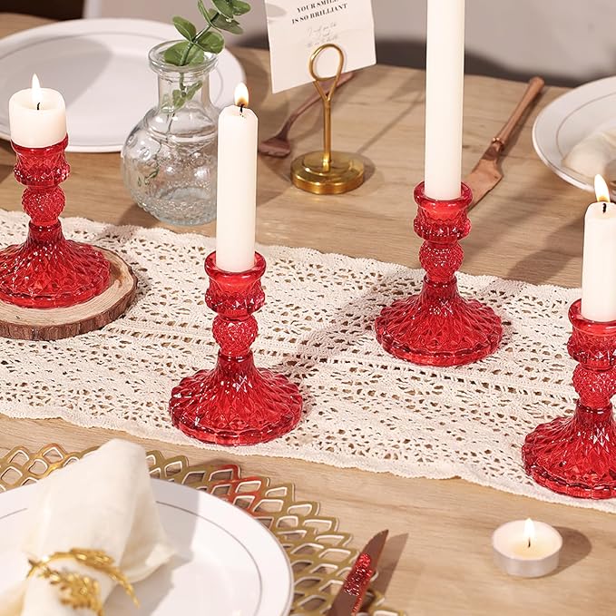 12Pcs Red Candlestick Holders Set- 4" H Taper Candle Holders Bulk, Glass Candle Holders for Activities, Party, Romantic Dinner Table Centerpieces, Festival Gifts & Windowsill Decor-Ruum Studio Home