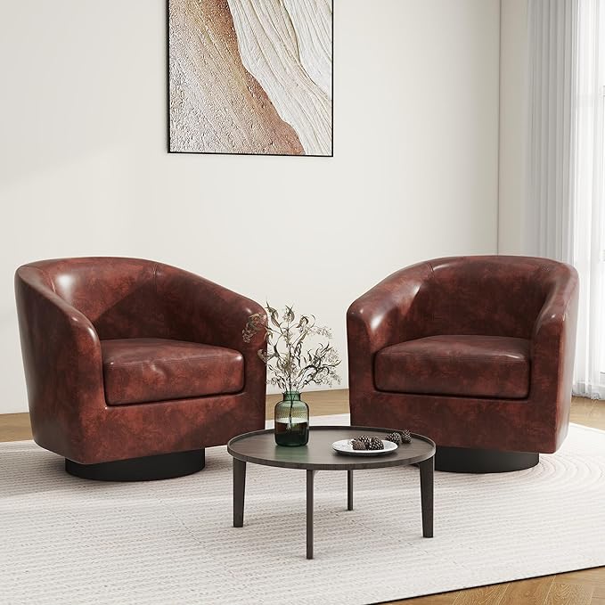 Swivel Barrel Accent Chair, Modern Round Faux Leather Arm Chair for Living Room, Bedroom, Comfy Club Reading Chairs for Adults(Faux Leather, Red Brown, Set of 2)-Ruum Studio Home