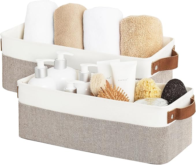 StorageWorks Narrow Storage Bins, Small Baskets for Organizing, Long Storage Basket with Handles, Fabric Storage Bins for Shelf, Brown and White, 2-Pack-Ruum Studio Home
