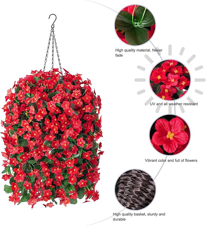 Artificial Fake Red Hanging Flowers Plants Basket for Outdoor Outside Winter Christmas Decor, Faux Silk Look Real UV Resistant Orchid for Fall Porch Garden Yard Patio Home-Ruum Studio Home