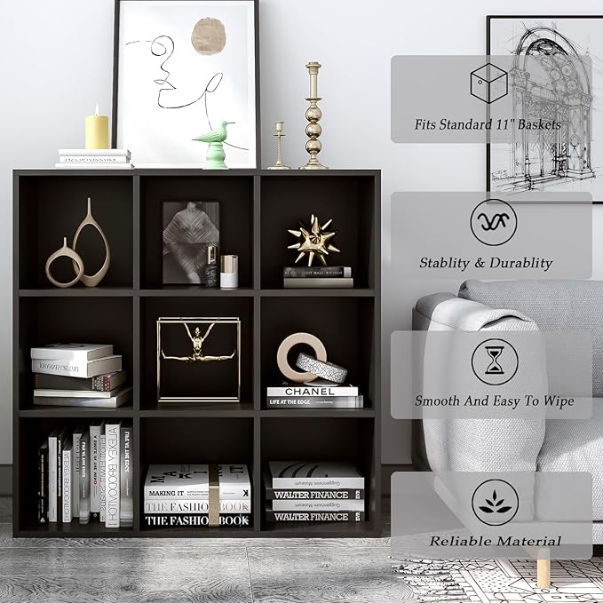 9-Cube Storage Shelf Bookcase - Wooden 3-Tier Free Standing Open Bookshelf for Home and Office, Organizer Cabinet in Black-Ruum Studio Home