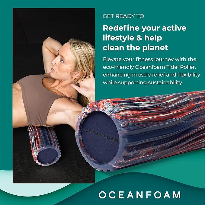 Oceanfoam Tidal Roller - Red, Dark Navy & Natural Marbled - Muscle Massage Foam Roller for Back Pain & Stretching - Firm & Ergonomic Wide Wave Textured - Yoga, Athletics, Wellness - Full Size 20" x 5"-Ruum Studio Home