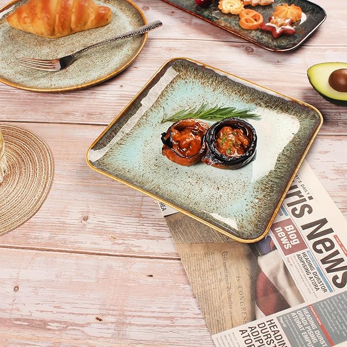 Ceramic Dinner Plates Dish Set,Set of 4,for Lunch snacks -Microwave Oven & Dishwasher Safe,Scratch Resistant,Dinnerware Kitchen Porcelain Serving Dishes,9 inch Square-Ruum Studio Home