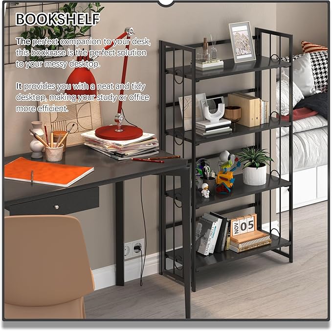 4NM No Assembly 4 Tiers Folding Bookshelf, 47.2" H Foldable Storage Shelves Vintage Bookcase Standing Racks Study Organizer Home Office - All Black-Ruum Studio Home