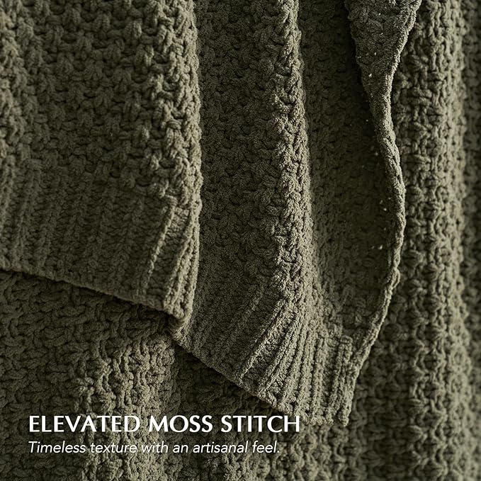 Chunky Chenille Knit Throw Blanket for Couch, Soft Luxurious Moss Stitch Blankets for Bed, Cozy Decorative Farmhouse Knitted Throws for Sofa, Olive Green, 60" x 80"-Ruum Studio Home