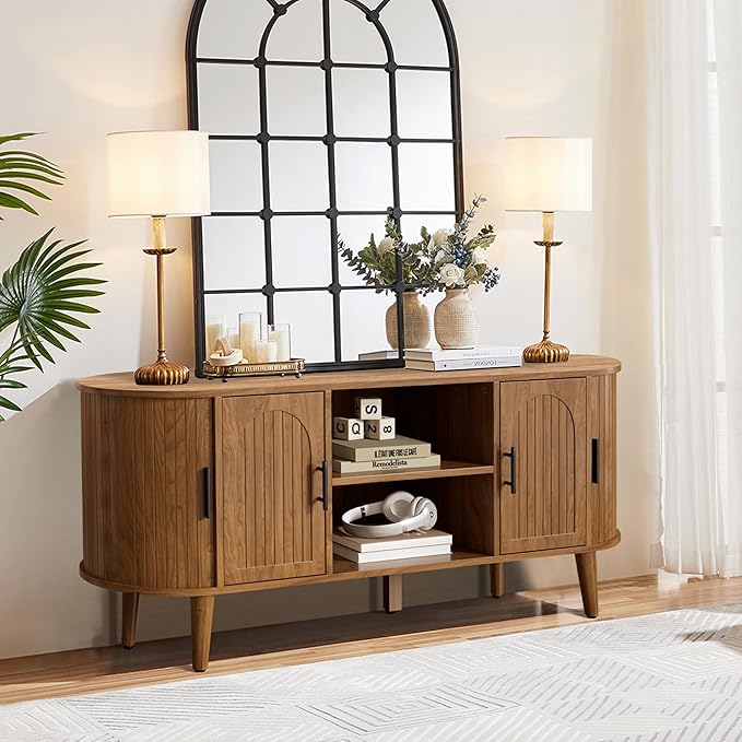 51" Fluted TV Stand, Mid-Century Modern Entertainment Center for Tvs up to 60" with Drawers and Fluted Doors, Curved TV Media Console Table with Sliding Doors for Living Room, Bedroom (51")-Ruum Studio Home