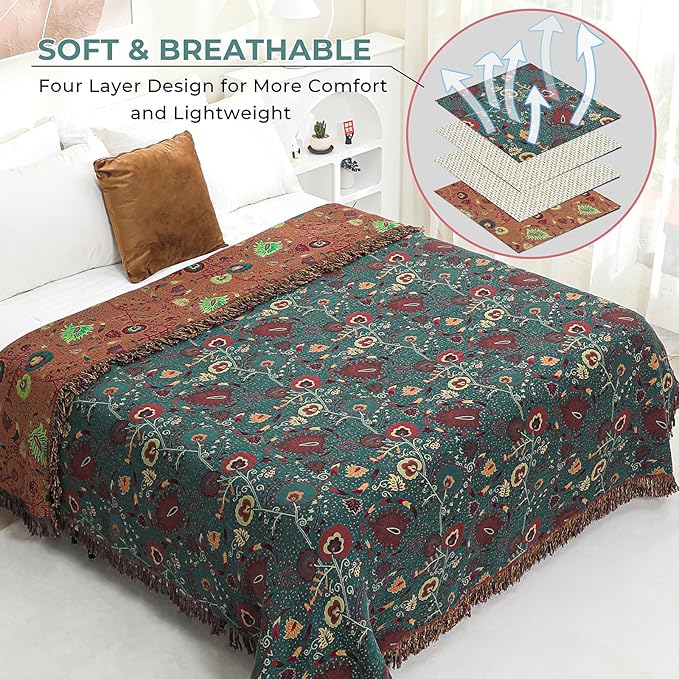 Boho Fall Throw Blanket for Bed，100% Ultra Cotton Soft Breathable Bed Throw Floral Printed Farmhouse Decor Rustic Bed Throws for Couch Sofa Quilt 90" x 98"-Ruum Studio Home