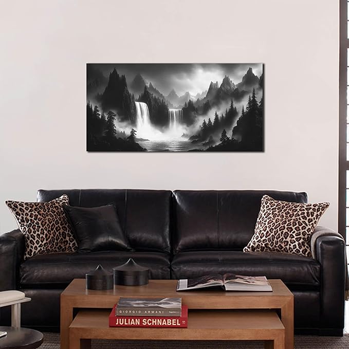 Mountain Wall Pictures for Living Room Decor - Black and White Wall Art Bedroom - Waterfall Canvas Wall Art for Office Size 20" x 40"-Ruum Studio Home