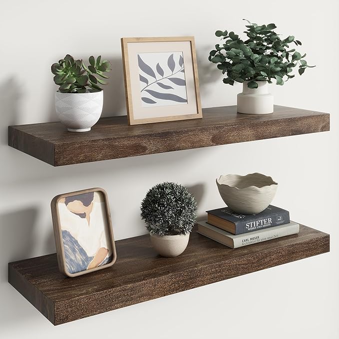 RICHFOCUS Elm Floating Shelves for Wall - 30" W x 9.3" D Rustic Solid Wood Shelves with Invisible Bracket, Wall-Mounted for Living Room, Bedroom, Kitchen Storage & Display, Set of 2, Walnut-Ruum Studio Home