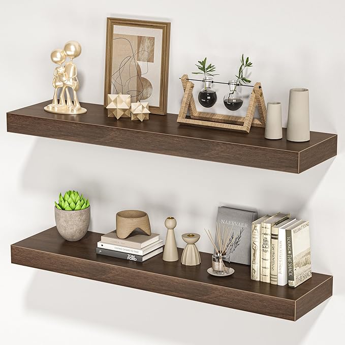 Floating Shelves for Wall, 31.5"W x 6.7"D x 1.5"H, Wooden Wall Mounted Display Shelves with Invisible Brackets for Living Room, Bedroom, Bathroom, Kitchen Decor and Storage, Set of 2, Walnut-Ruum Studio Home