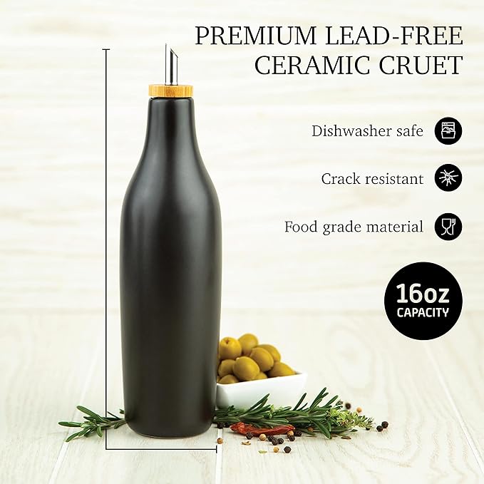 Black Ceramic Olive Oil Dispenser Bottle 16 Oz Container for EVOO or Vinegar, Kitchen Counter Design-Ruum Studio Home