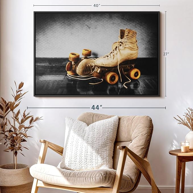 ElephantStock Vintage Skates Pop Wall Art - Horizontal Framed Canvas - 1-Piece Living Room Wall Decor - Sport Photography Canvas Print - Beige and Black Decor for Wall - 40" X 27"-Ruum Studio Home