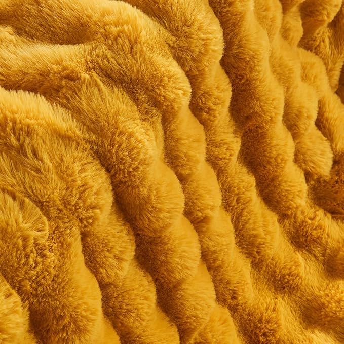 Lotus Karen Faux Fur Throw Blanket Ginger Yellow - Big Bubble Rabbit Fluff Blanket for Couch Bed Sofa,Softest Fluffy Fuzzy Cozy Blanket,Thick Furry Plush Shaggy Warm Blankets for Women,108x90 Inches-Ruum Studio Home