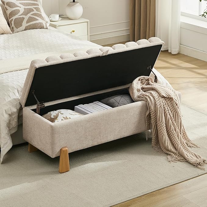 Storage Bench Ottoman 48.6 Inch with Safty Lift Top Lid, Tufted Solid Wood Tapered Legs Footstool for Bedroom, Living Room & Entryway Light Brown-Ruum Studio Home