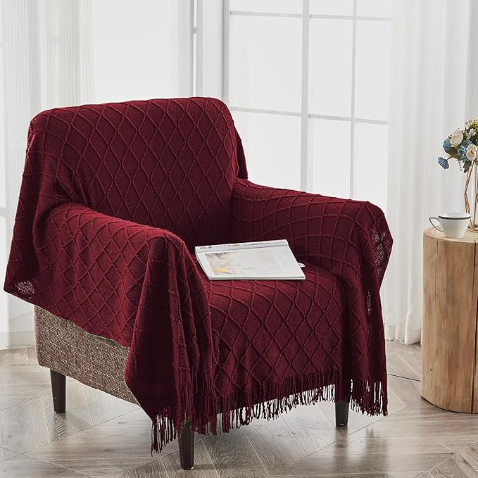 inhand Knitted Throw Blankets for Couch and Bed, Soft Cozy Knit Blanket with Tassel, Claret Lightweight Decorative Blankets and Throws, Farmhouse Warm Woven Blanket for Men and Women, 50"x60"-Ruum Studio Home