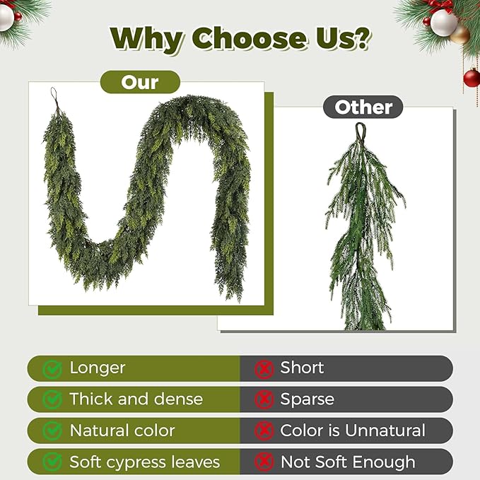 6 ft Christmas Garland, Cedar Garland, Real Touch Cypress Garlands, Green Artificial Greenery Garland for Mantel Indoor Outdoor Christmas Decorations-Ruum Studio Home