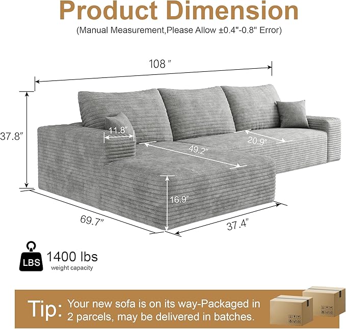 108" Sectional Couches for Living Room Modern Modular Sofa with L-Shape Couchs Upholstered Boneless Couch Deep Seat Sectional Couch with Chaise (Grey, Left Facing Chaise+2Seaters)-Ruum Studio Home