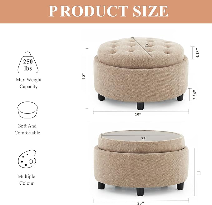 COLAMY Fabric Round Storage Ottoman with Reversible Tray Lid – Multi-Functional Footrest, Hidden Storage, Sturdy & Stylish Small Coffee Table for Living Room, Bedroom, or Entryway(Camel)-Ruum Studio Home