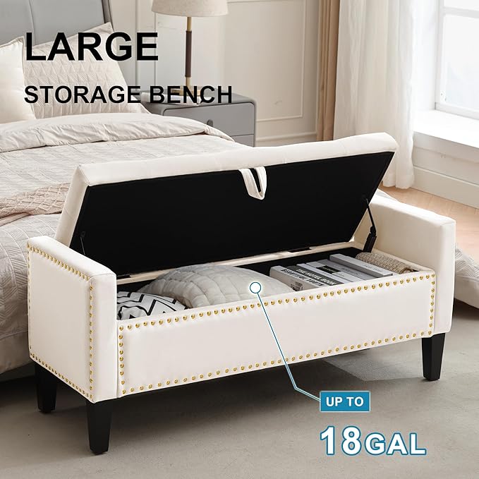 Storage Ottoman Bench, Velvet Upholstered Footstool for Bedroom and Living Room, Tufted Seat with Storage, Wooden Legs & Metal Rivets, Beige-Ruum Studio Home
