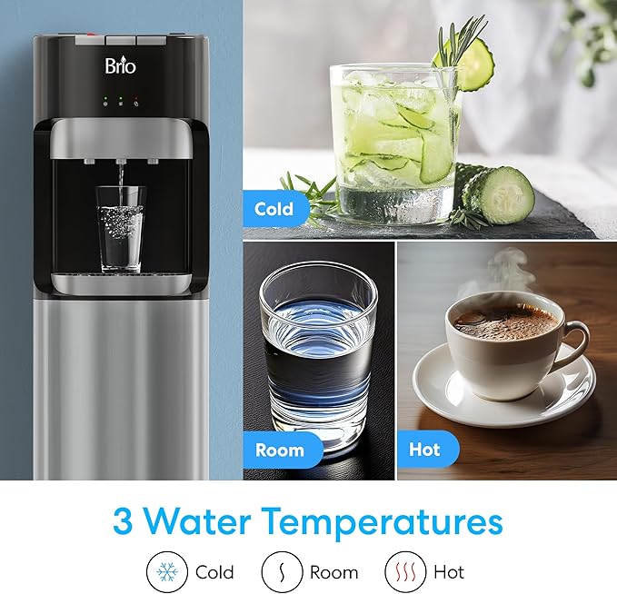 Brio Bottom Loading Water Cooler Dispenser for 5 Gallon Bottles - 3 Temperatures with Hot, Room & Cold Spouts, Child Safety Lock, LED Display with Empty Bottle Alert, Stainless Steel-Ruum Studio Home