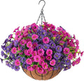 Artificial Faux Hanging Flowers Plants Basket for Spring Summer Outdoors Decoration, Silk Morning Glory with Eucalyptus Look Real UV Resistant Fake Flowers for Outside Porch Patio Balcony Home, Mix-Ruum Studio Home