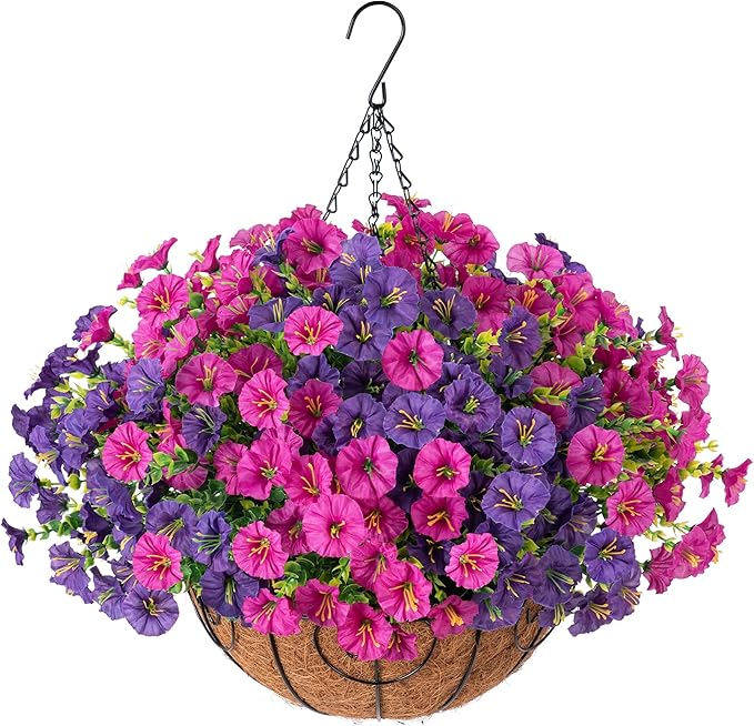 Artificial Faux Hanging Flowers Plants Basket for Spring Summer Outdoors Decoration, Silk Morning Glory with Eucalyptus Look Real UV Resistant Fake Flowers for Outside Porch Patio Balcony Home, Mix-Ruum Studio Home