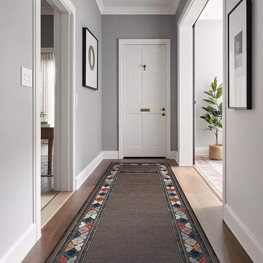 Beverly Rug Outdoor Runner Rug 2x7 Modern Floral Bordered Area Rugs for Indoor and Outdoor Patio Easy to Clean Non Shedding Living Room Porch Garden Washable Outside Carpet (2 x 7 Brown)-Ruum Studio Home