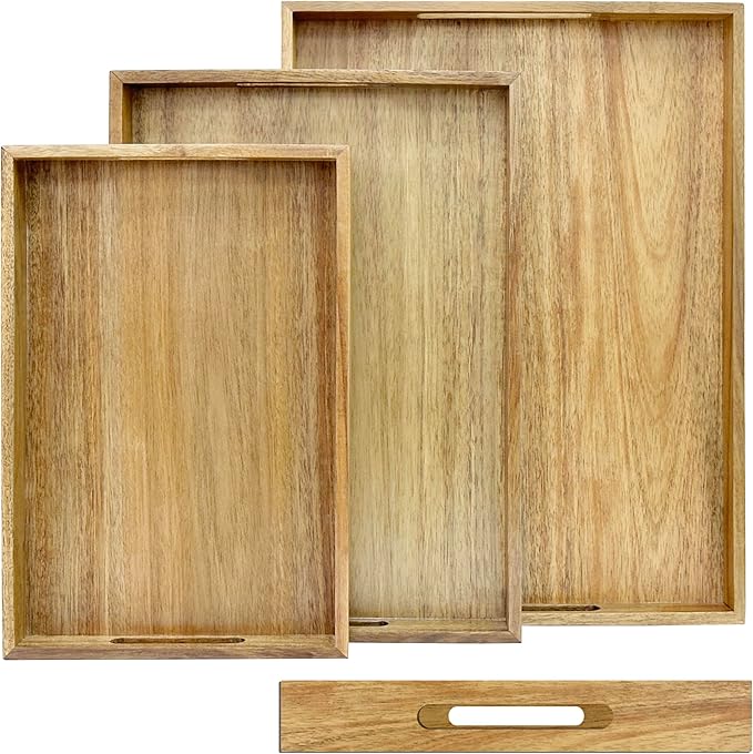 3 Pack Acacia Wood Serving Tray with Handles, Decorative Serving Trays Platter for Breakfast in Bed, Lunch, Dinner, Patio, Ottoman, Coffee Table, BBQ, Party, Great for Lap &Couch (Set of 3)-Ruum Studio Home