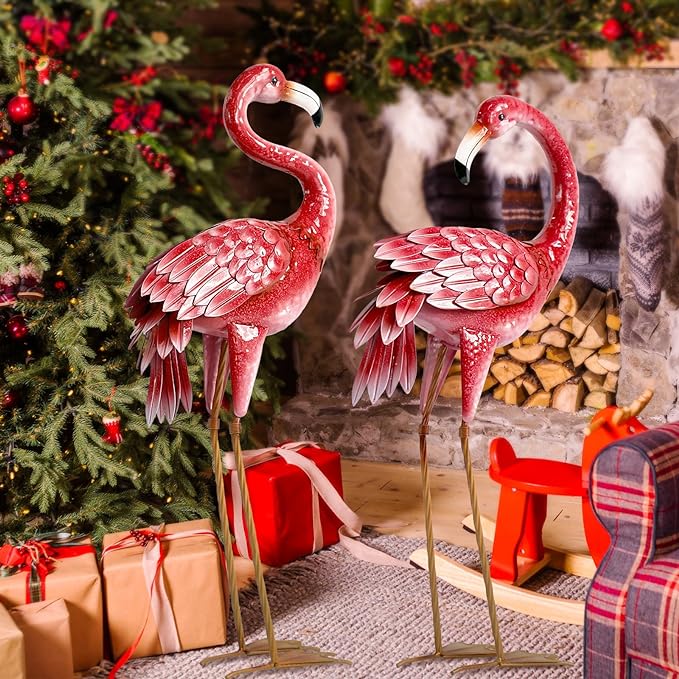 Kircust Flamingo Garden Statues and Sculptures, Metal Birds Yard Art Outdoor Statue, Large Pink Flamingo Lawn Ornaments for Home, Patio, Backyard Decor (2-Pack)-Ruum Studio Home