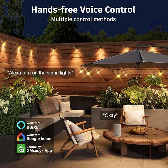 XMCOSY+ Smart Outdoor String Lights - 123ft RGBCWIC Patio Lights with 40 Color Changing Bulbs, LED String Light for Outside Backyard Bistro Party, APP WiFi Control, Work with Alexa, IP65 Waterproof-Ruum Studio Home