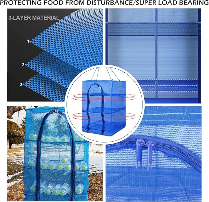 Drying Rack 4 Layers Folding Mesh, Foldable Nylon Netting, Hanging Drying Net, for Shrimp, Fish, Fruit, Vegetables, Herb, with Zipper Opening - Blue (25.59X13.78X13.78 in)-Ruum Studio Home