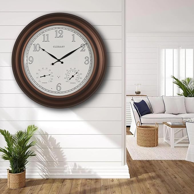 CLXEAST 24 Inch Illuminated in/Outdoor Lighted Atomic Analog Wall Clock with Thermometer & Hygrometer, Oversized Large Waterproof Wall Clocks for Living Room Decor,Bronze Finish-Ruum Studio Home