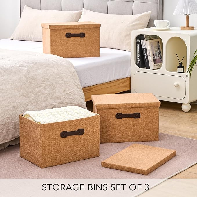 Enzk&Unity Decorative Storage Bins with Lids, Fabric Linen Foldable Storage Box with Handle Home Organizer for Shelf, Closet, Bedroom, Living Room, Office, 3 Packs, Brown-Ruum Studio Home