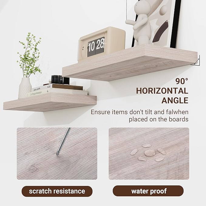 48 Inch Floating Shelves, 3D Textured Wood Grain, 48"x9.25"x1.5" Inch Deep Floating Shelves for Wall, Wooden Shelves for Bathroom, Bedroom, Living Room, Washed White-Ruum Studio Home