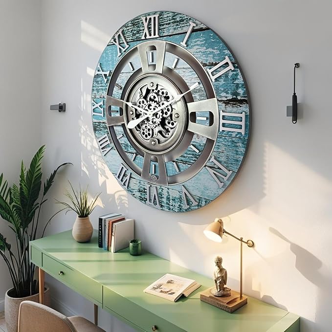 The Gears Clock Real Moving Gear Wall Clock England Line (Aqua Green, 24 inches (60 cm))-Ruum Studio Home