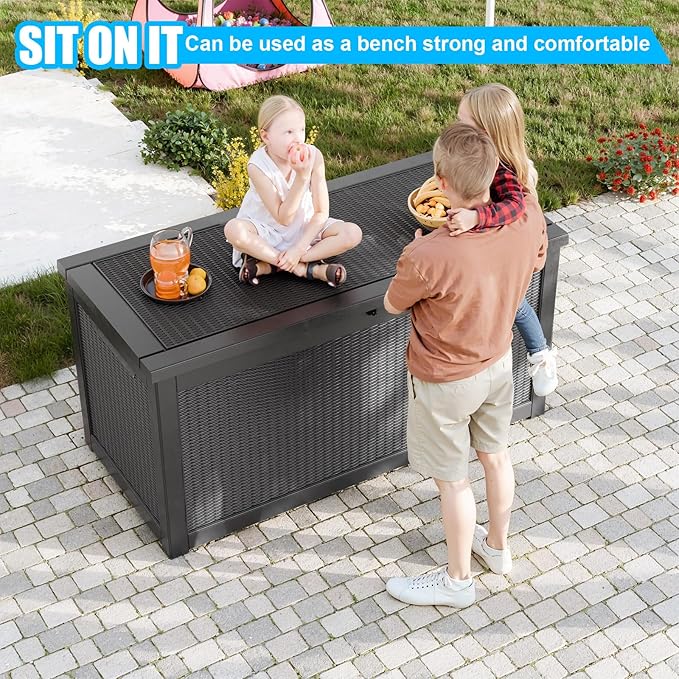 260 Gallon Large Resin Deck Box, Lockable Outdoor Storage Box for Patio Cushions Storage Furniture,Garden Tools, Pool Supplies, Weatherproof and UV Resistant-Black Rattan (260 Gallon)-Ruum Studio Home
