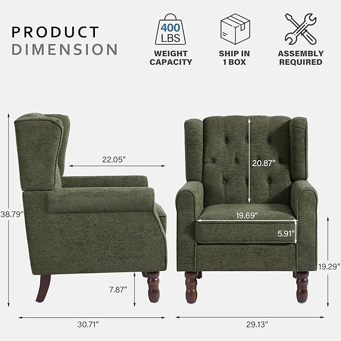Lumibee High Back Accent Chair,Upholstered Wingback Armchair with Solid Wood Legs for Small Spaces,Comfy Single Sofa Chair for Living Room,Bedroom,Office-Green-Ruum Studio Home