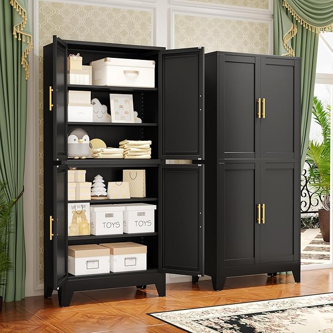 75.2" Tall Metal Pantry Cabinet, Storage Cabinets with 4 Door and 4 Adjustable Shelves, Black Kitchen Pantry Storage Cabinet, Freestanding Cupboard for Kitchen Dining Room Living Room Bathroom-Ruum Studio Home