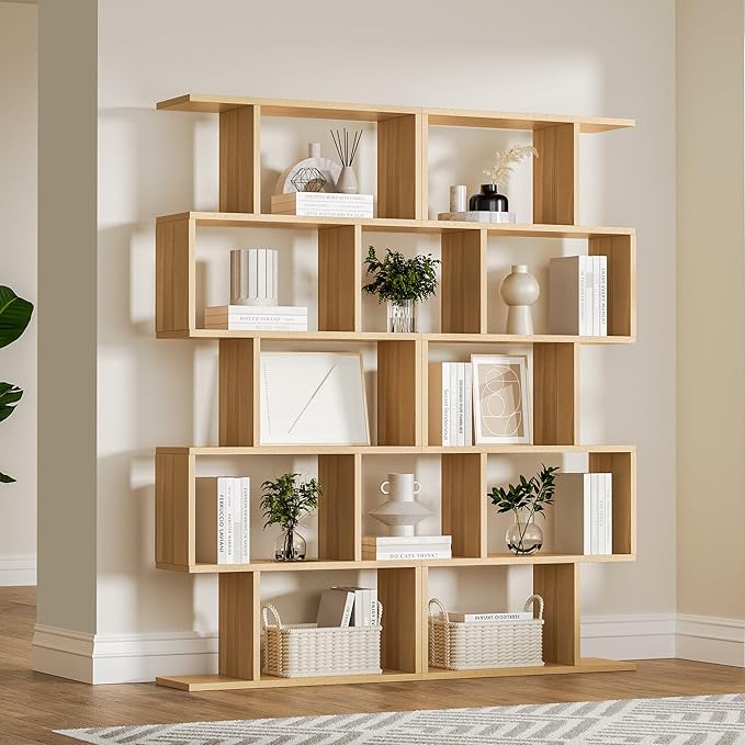 Oak 5-Tier Geometric Bookcase, S-Shaped Modern Bookshelf Set of 2, 62.6" Tall Room Divider Book Shelf, Decorative Display Shelf-Ruum Studio Home