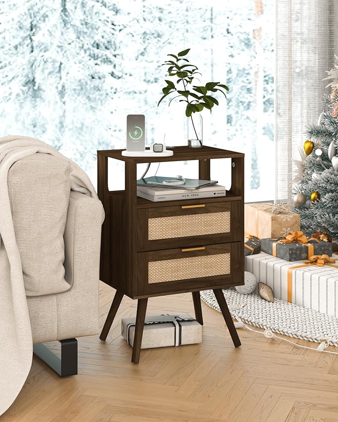 Rattan Nightstand with Charging Station,Modern Bedside Table with 2 Storage Drawer and Open Wood Shelf, for Bedroom and Small Spaces,Night Stand with Solid Wood Legs (Walnut Brown)-Ruum Studio Home