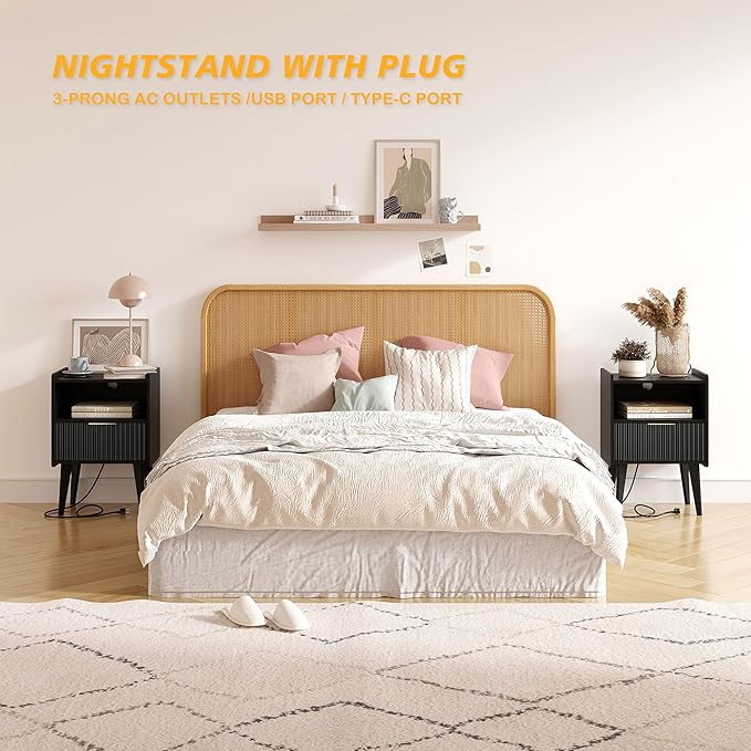 Fluted Nightstand with Charging Station, Modern Bedside Table with Drawer,Black Nightstand with Solid Wood Legs, End Table,Side Table for Living Room,Bedroom Black CTG57BKE-Ruum Studio Home