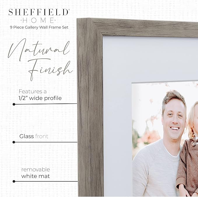 Sheffield Home 9 Piece Gallery Wall Frame Set, 12x12 Inch, Natural-Ruum Studio Home