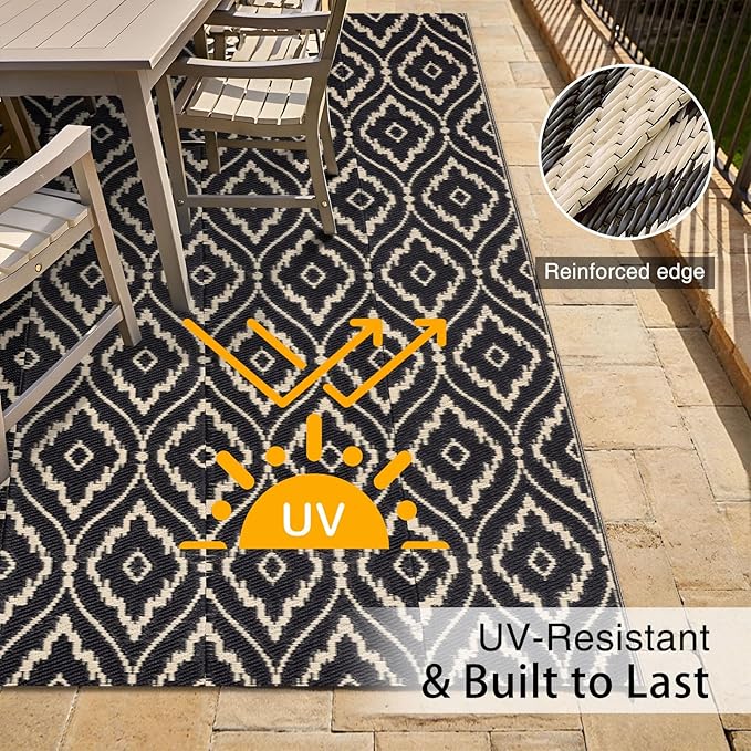 OLANLY Outdoor Rug 5x8 ft Waterproof, Outdoor Plastic Straw Rug with Geometric Pattern Clearance, Reversible RV Mat for Patio, Camping, Balcony, Deck, Backyard, Black & Beige-Ruum Studio Home