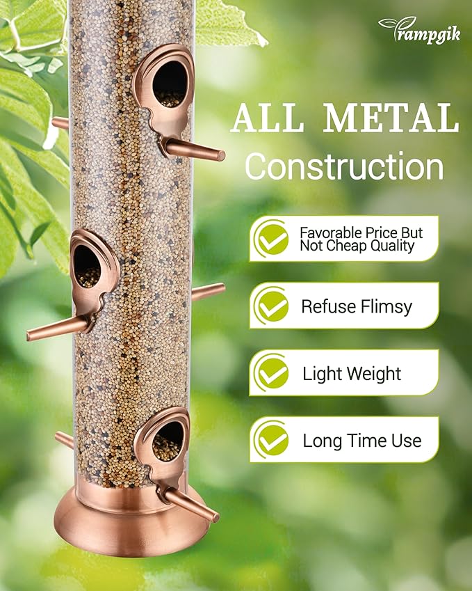 Metal Tube Bird Feeders for Outdoors Hanging,Finch Feeders for Outside,All Metal Brushed Copper Finishing,14 Inch 6 Port (Seed is not Included)-Ruum Studio Home
