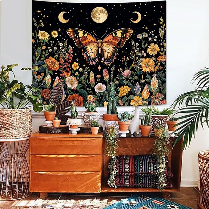 Lunerfex Boho Butterfly Tapestry Flower Moon Wall Tapestry, Moon Phases Tapestries for Bedroom Cute Tapestries Wall Hanging for Bedroom Living Room Decor Butterfly-2 44"x60"-Ruum Studio Home