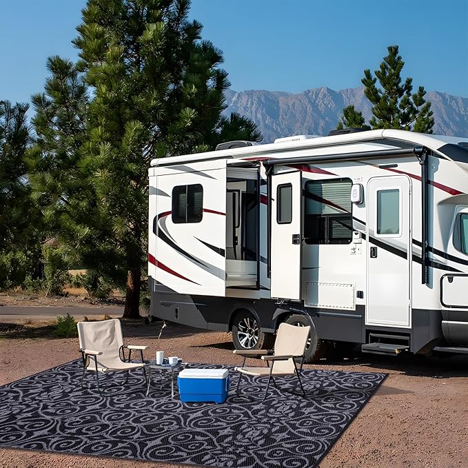 OLANLY Outdoor Rug Waterproof 9x12 ft Clearance, Reversible Outdoor Plastic Straw Rug with Floral Pattern, RV Mat for Patio, Camping, Balcony, Deck, Backyard, Black & Grey-Ruum Studio Home