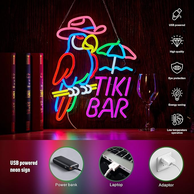 Tiki Bar Parrot Neon Sign for Wall Decor Hawaii Beach Bar LED Light up Signs with Dimmer for Pub Party Man Cave Room Art Decor Gift-Ruum Studio Home