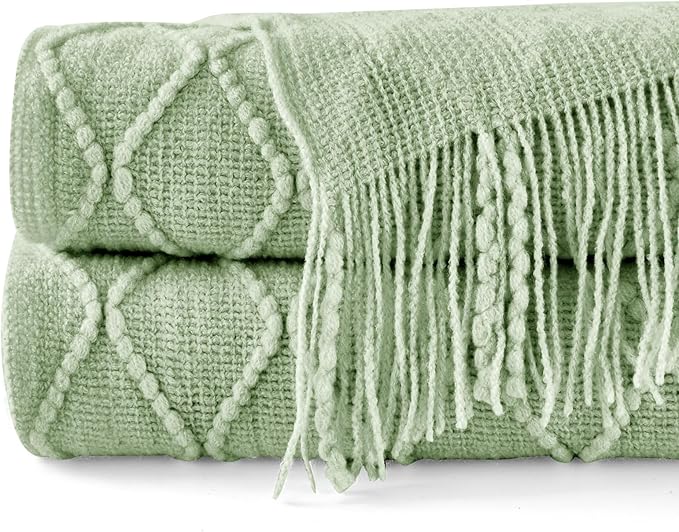 inhand Sage Green Throw Blanket for Couch, Soft Living Room Home Decor Knitted Blanket with Tassel, Outdoor Lightweight Breathable Summer Blanket, Farmhouse Warm Woven Decorative, 50"x60"-Ruum Studio Home