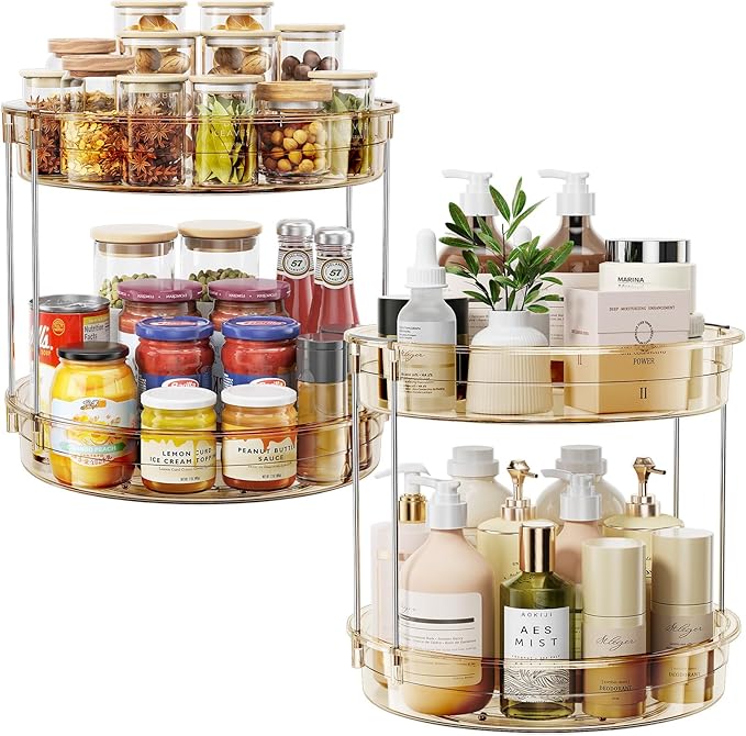 LAMU 2 Pack 2 Tier Lazy Susan Turntable Organizer 12'' Rotating Spice Rack Organization for Cabinet, Kitchen, Pantry, Countertop, Bathroom, Vanity, Medicine Cabinet Organizer, Amber-Ruum Studio Home