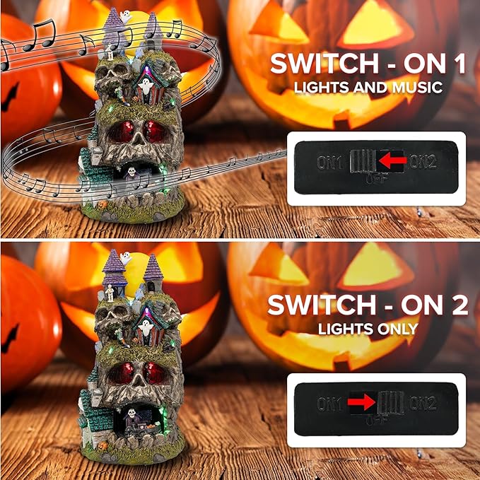 Skullstone Hollow Skull Theme Spooky Halloween Village Multi-Color LED Lights, Animated Motion and Music 7.75" x 7.5" x 13.5"-Ruum Studio Home
